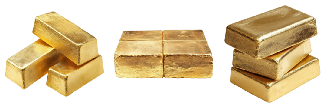 A collection of gold bars arranged in three different groups, gleaming with wealth and value