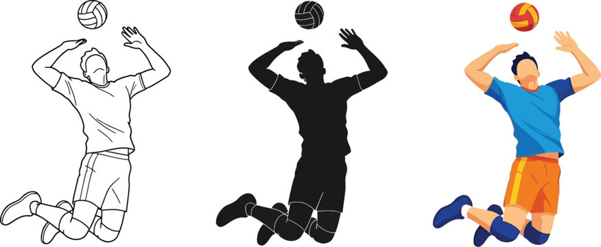 Volleyball player jumping to hit ball three different style of same image