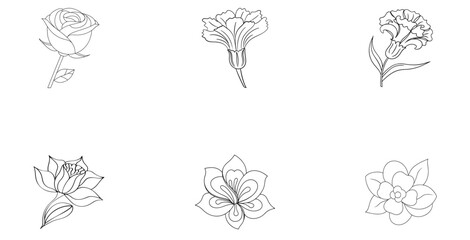 Six Outline Drawings of Different Flowers on White Background