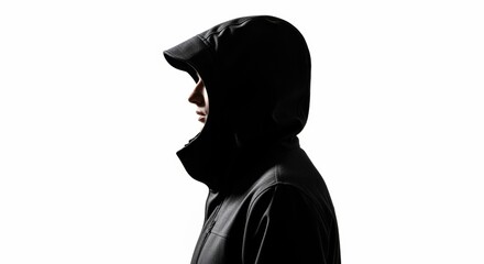 Anonymous male adult in a black hoodie. High contrast profile silhouette for cybersecurity concepts. Hacker culture and data protection. Urban streetwear and modern lifestyle
