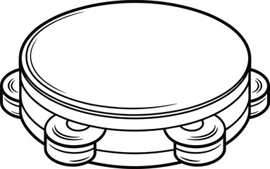 Tambourine line drawing, black and white illustration, musical instrument sketch, rhythm percussion art, folk music symbol, vector artwork design