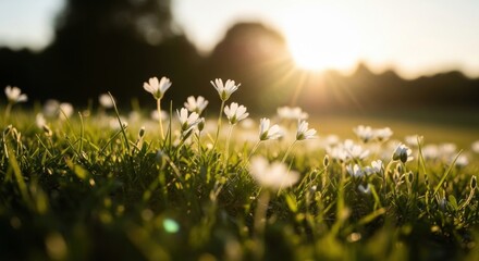 White wildflowers blooming in a sunlit meadow. Golden hour sunlight creating a warm glow. Lush green grass with a dreamy bokeh. Natural beauty concept for wellness and spring themes