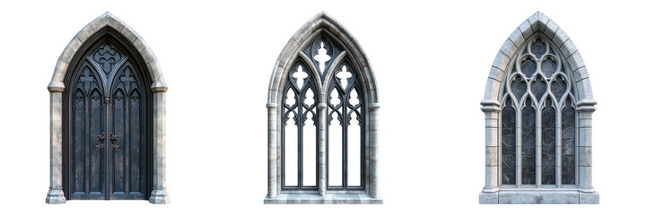 Three architectural design Gothic windows in a row, a window with a door, and two arched windows on display