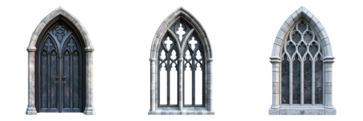 Three architectural design Gothic windows in a row, a window with a door, and two arched windows on display