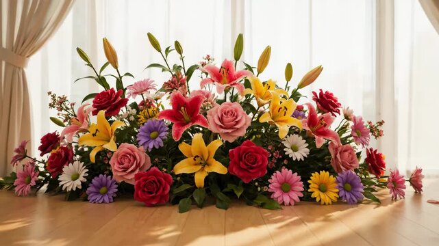 Colorful Floral Arrangement on Wood Floor - This video shows a vibrant and diverse floral arrangement composed of roses, lilies, and daisies in shades of red, yellow, pink, and purple.