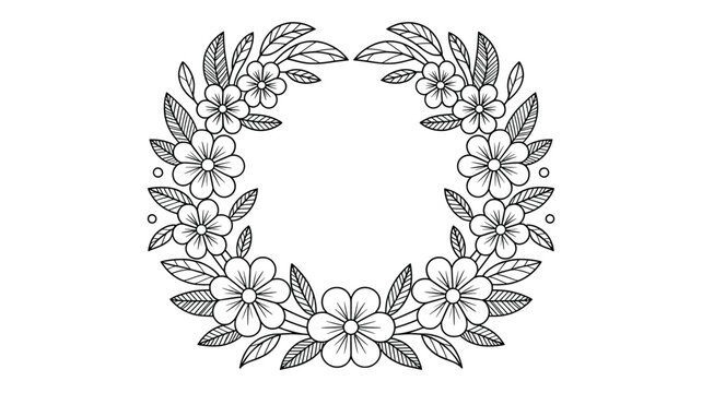 Elegant oval floral wreath silhouette with delicate blooming flowers and detailed leaves creating a decorative frame for text or design elements silhouette