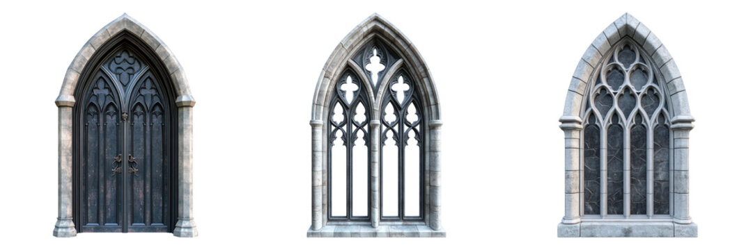 Three architectural design Gothic windows in a row, a window with a door, and two arched windows on display - Powered by Adobe