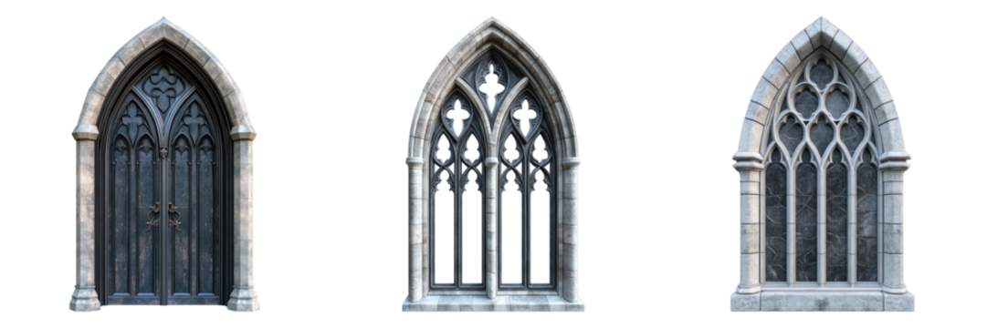 Three architectural design Gothic windows in a row, a window with a door, and two arched windows on display