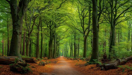 Fototapeta premium Tranquil Forest Path In Veluwe, The Netherlands: Majestic Oak, Beech, And Maple Trees, Golden Leaf Carpet, Perfect Ecotourism Destination