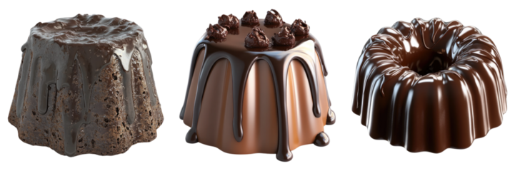 Three chocolate cakes, each a decadent treat. The cakes vary in appearance, with a ring-shaped cake, one with chocolate dripping and one with a simple style