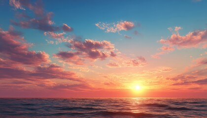 Obraz premium Golden Hour Summer Sunset: Vibrant Sky Colors And Beautiful Sea Landscape In Evening, With Sun Setting Over Horizon