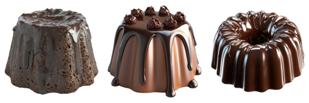 Three chocolate cakes, each a decadent treat. The cakes vary in appearance, with a ring-shaped cake, one with chocolate dripping and one with a simple style