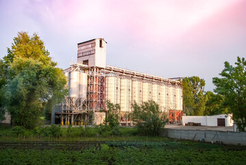 Modern metal grain terminal. Storage tank for agricultural products, elevator
