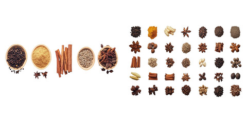 An overhead shot showcasing a diverse array of aromatic spices arranged in small wooden bowls and displayed on a surface. These spices offer a visual feast with their various textures and hues