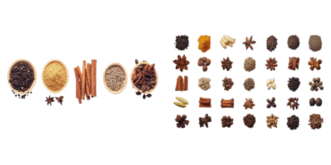An overhead shot showcasing a diverse array of aromatic spices arranged in small wooden bowls and displayed on a surface. These spices offer a visual feast with their various textures and hues