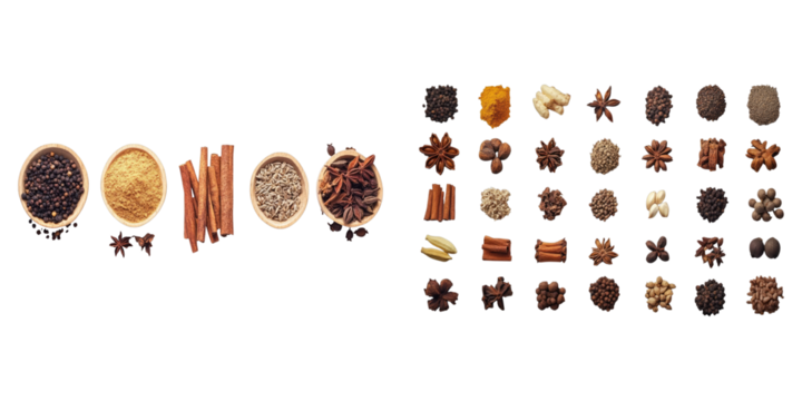 An overhead shot showcasing a diverse array of aromatic spices arranged in small wooden bowls and displayed on a surface. These spices offer a visual feast with their various textures and hues
