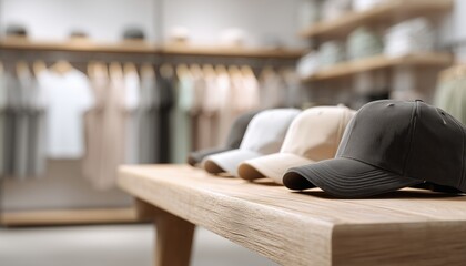 Discover A Variety Of Caps At This Hat Shop Clothing Store Display. Empty Wooden Table Top With Blurred Clothing Store Background. Shopping