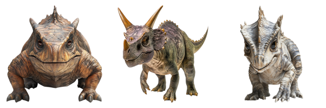 Three detailed dinosaur models displayed in a row, each exhibiting unique features