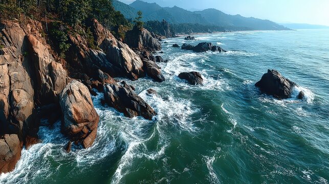 Waves crash against rugged coastal cliffs lined with trees, as turquoise waters stretch into the misty horizon under clear skies. - Powered by Adobe