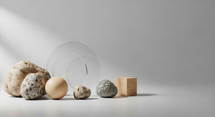 Minimalist still life with natural materials. Modern product display with stone and wood. Abstract composition for sustainable branding and eco friendly marketing concepts