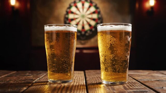 Refreshing Beer at the Pub - Two pints of golden beer with foamy heads sit on a wooden table, illuminated by warm light.
