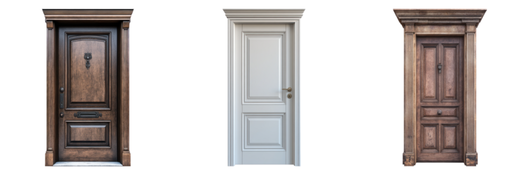 Three different doors showcasing distinct designs and materials, each leading to a unique space