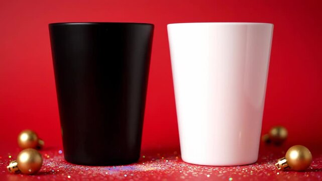 Black and White Cups on Red Holiday Background - Two cups, one black and one white, stand on a red surface speckled with glitter and surrounded by gold Christmas ornaments.
