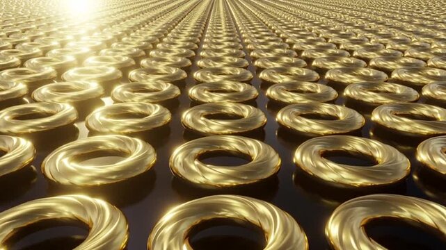 Endless array of golden torus rings, a luxurious and visually captivating video background with