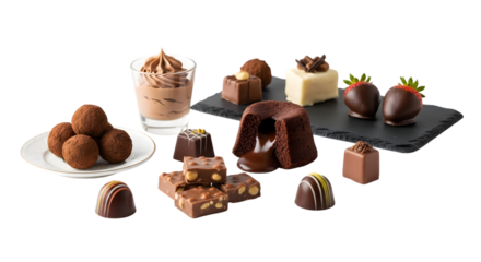 Assortment of gourmet chocolates and desserts isolated on transparent background