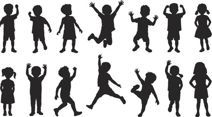 Children silhouettes in various poses, jumping, waving, walking, standing, playful actions, black vector kids, body movement, educational design reference