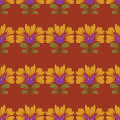 Vintage floral wallpaper with repeating patterns of large flowers and leaves. Earthy tones of brown and green dominate the floral design. Classic vintage style. Vintage art