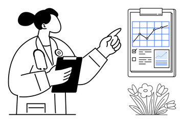 Female doctor holding clipboard, pointing at a growth chart. Flowers beside depict well-being. Ideal for healthcare, growth, progress, analysis, wellness care education. A simple flat metaphor