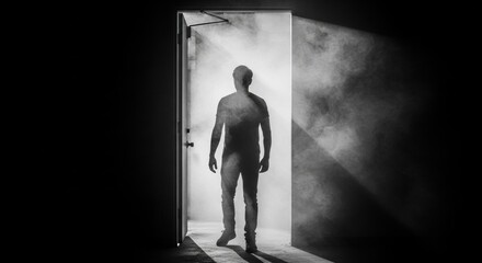 Obraz premium Male silhouette in a smoky doorway with dramatic backlighting. Conceptual scene representing opportunity and the unknown. Cinematic black and white aesthetic for suspense and mystery