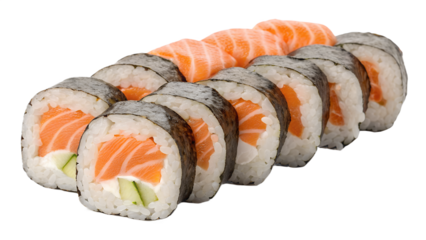 Set of sushi rolls with salmon and rice, isolated on transparent background, clean modern presentation.