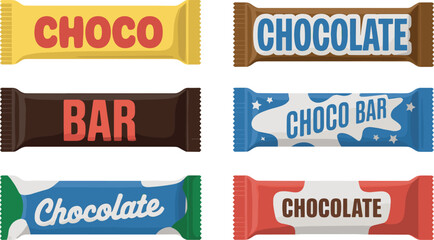 Chocolate bar wrappers, bold typography, colorful packaging, branding design, snack concept, candy labels, product mockup, vector illustration, dessert icons