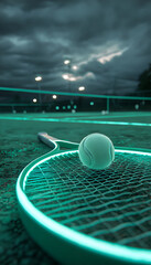 Neon lit tennis racket with ball on a tennis court at night. Sports and technology. Abstract concept