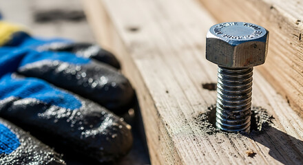 Close up of a metal bolt secured in a wooden plank with a gloved hand in the background representing construction and DIY projects
