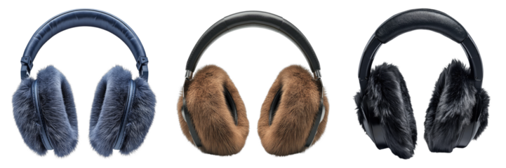 Three pairs of stylish earmuffs in a row, each in a unique color. They are soft and designed for warmth and comfort