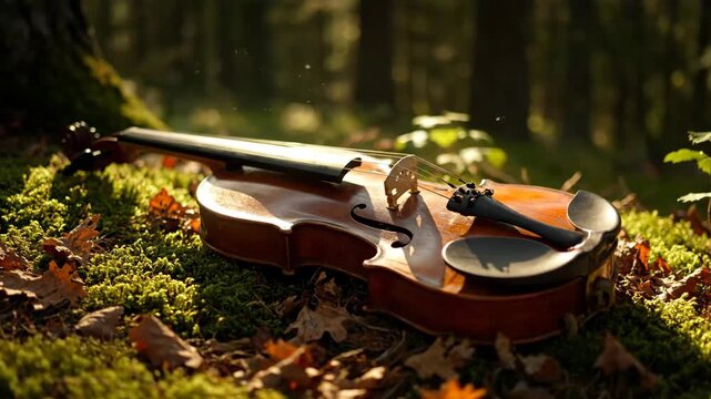 Violin in the Forest - A wooden violin rests on mossy ground surrounded by fallen leaves in a forest. Sunlight illuminates the instrument, creating a serene and natural scene.