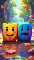 Cartoon dice with expressive faces set amidst a sunny forest scene