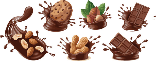 Chocolate splash illustrations, hazelnuts, almonds, peanuts, cookie, chocolate bar, melted swirl, dessert ingredients, vector art, sweet food concept
