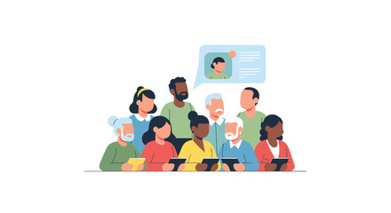 A group of diverse people listening intently to a virtual storyteller