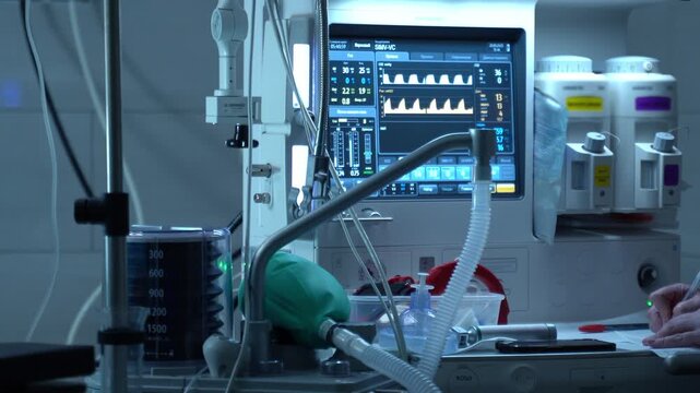 Anesthesiologist's hands writing on a chart while a modern anesthesia machine displays a patient's respiratory vital signs on a digital screen during a medical procedure in the operating room