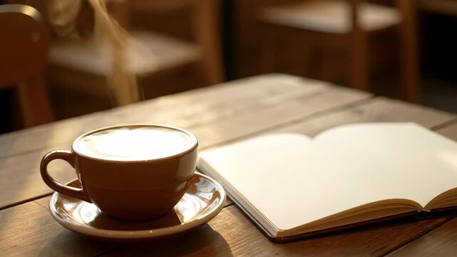 Hot Coffee and Open Book on Wooden Table - A cup of steaming hot coffee sits on a saucer next to an open book with blank pages, resting on a wooden table.