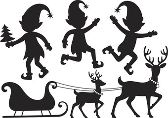 Christmas silhouette illustration, festive elves and reindeer, holiday sleigh scene, black and white artwork, winter celebration, whimsical seasonal design