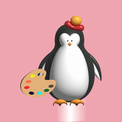 3D a penguin in a red hat with a big tambourine. The penguin loves to draw, creative penguin.