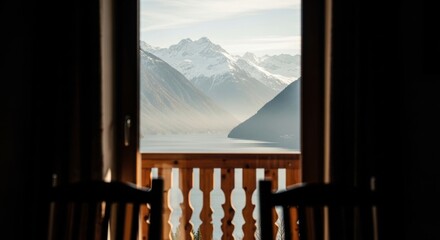 Scenic mountain view from a cozy cabin window. Luxury alpine resort and travel destination. Serene nature landscape with lake and snow peaks. Peaceful vacation getaway concept