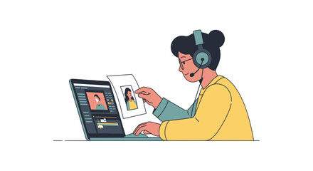 A student wearing headphones editing an ancient historical video on a laptop