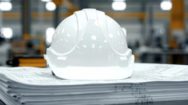 White Hard Hat on Blueprints - A white construction hard hat sits atop a stack of blueprints. The setting appears to be a factory or workshop, with various industrial equipment in the background.