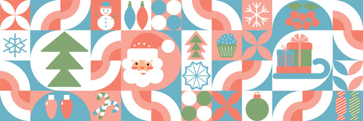 Christmas abstract geometric background. Seamless festive vector mosaic, minimal Scandinavian ornament. Merry Christmas, wallpaper, banner, festive cover design.
